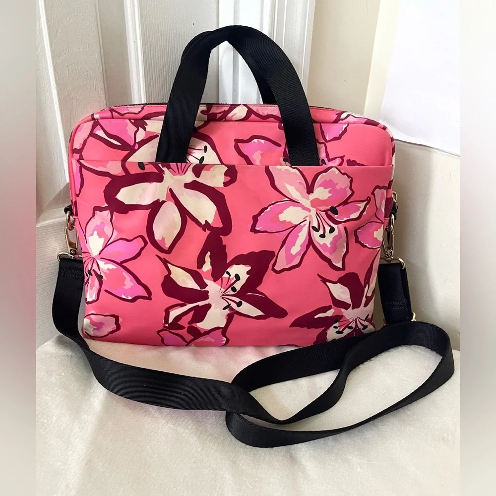 kate spade Pink Floral Laptop Bag with Storybook Lining EUC